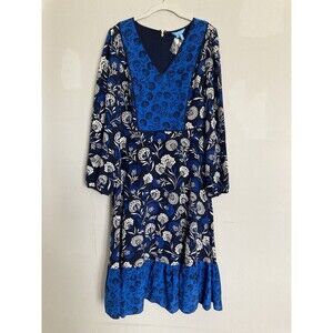 NEW Draper James Silk Midi Dress 12  Mixed Print Floral Blue